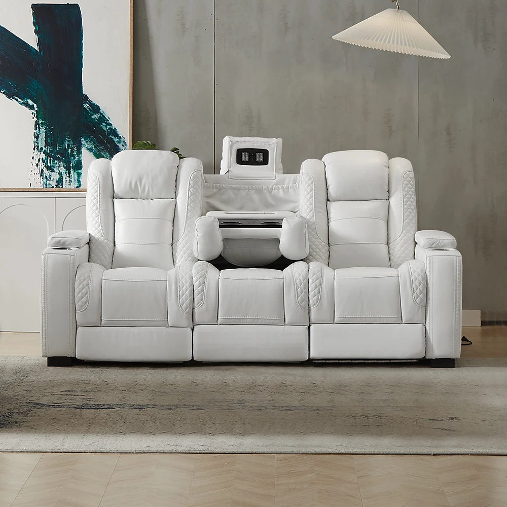 Home Cinema Recliners - Luxury Power Recliner White Leather Sofa
